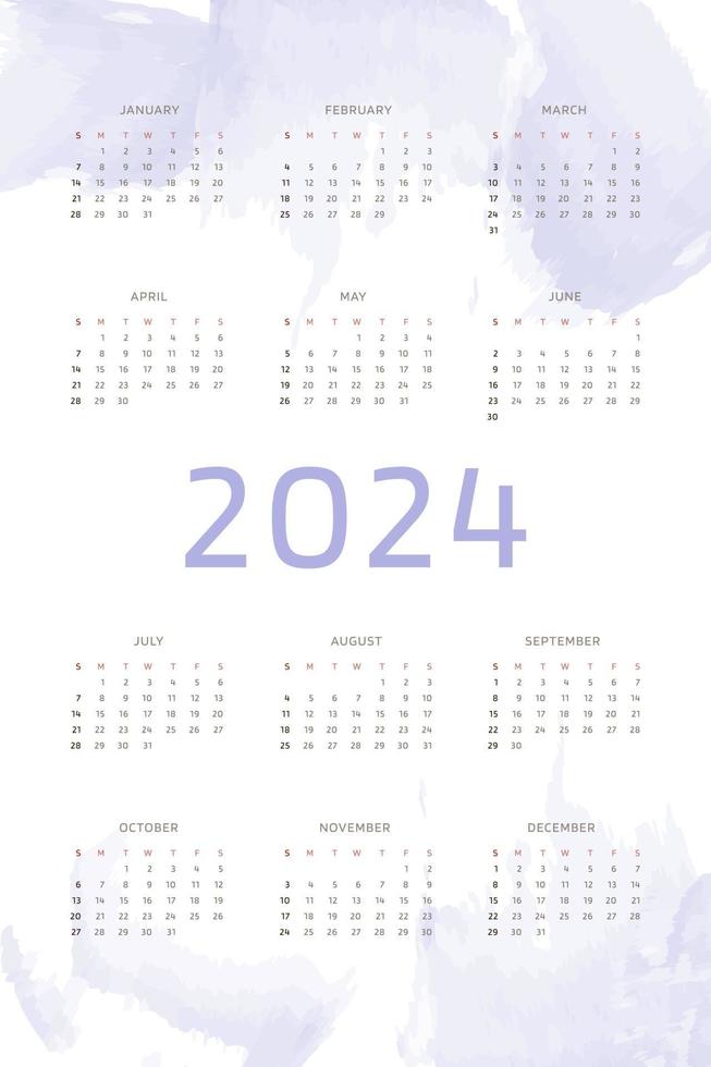 Modello di calendario 2024 su sfondo disegnato a mano viola lilla con pennellate di acquerello. design del calendario per la stampa e il digitale. la settimana inizia di domenica vettore