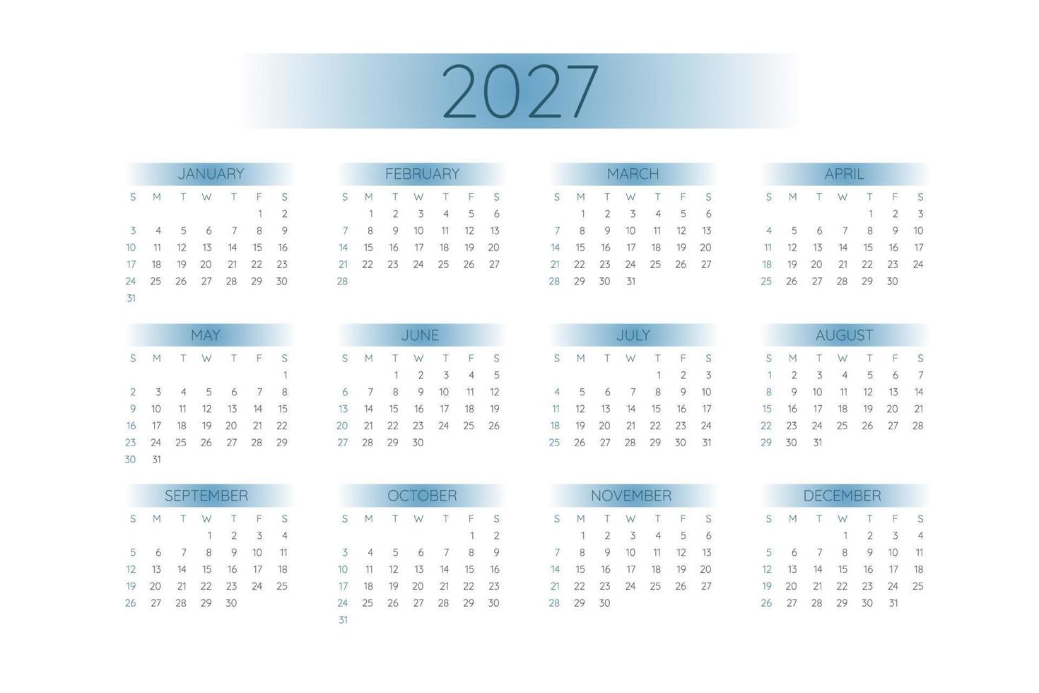 Modello di calendario tascabile 2027 in rigoroso stile minimalista con elementi sfumati blu, formato orizzontale. la settimana inizia di domenica vettore