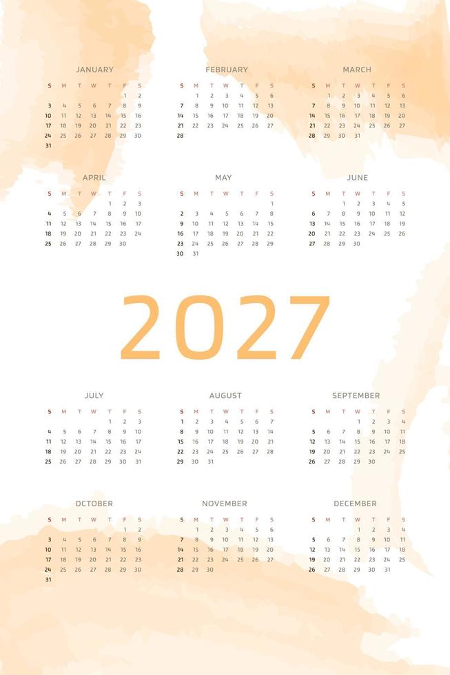 modello di calendario arancione 2027 su sfondo con pennellate di acquerello pastello disegnato a mano. design del calendario per la stampa e il digitale. la settimana inizia di domenica vettore