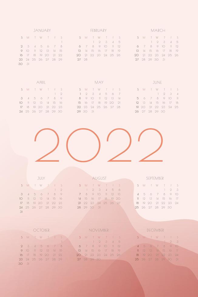 Calendario 2022 con onda fluida sfumata rossa vettore