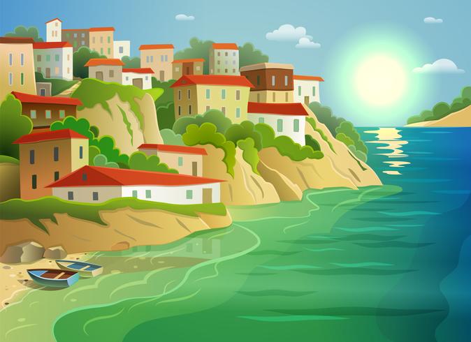 Villaggio di mare costiero che vivono poster colorati vettore
