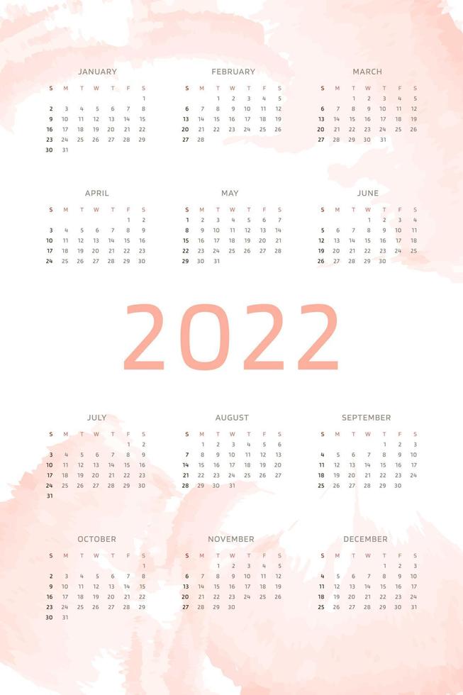 Modello di calendario 2022 su fondo disegnato a mano rosa corallo con pennellate di acquerello. design del calendario per la stampa e il digitale. la settimana inizia di domenica vettore