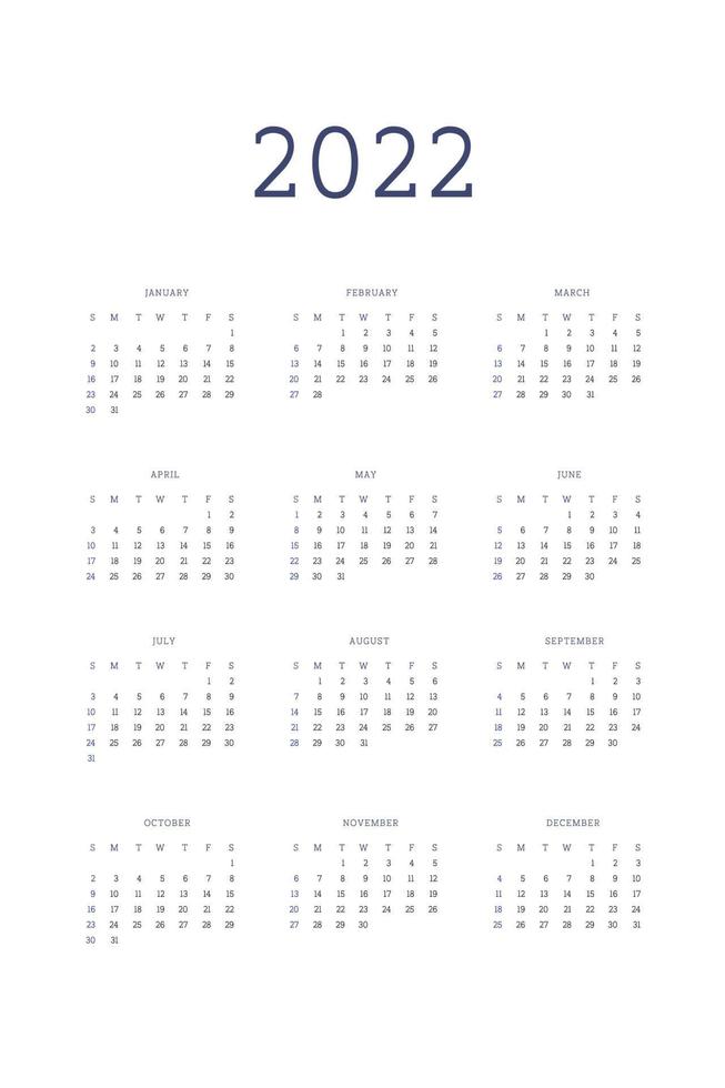 2022 modello di calendario pianificatore individuale in stile classico minimalista. la settimana inizia di domenica vettore