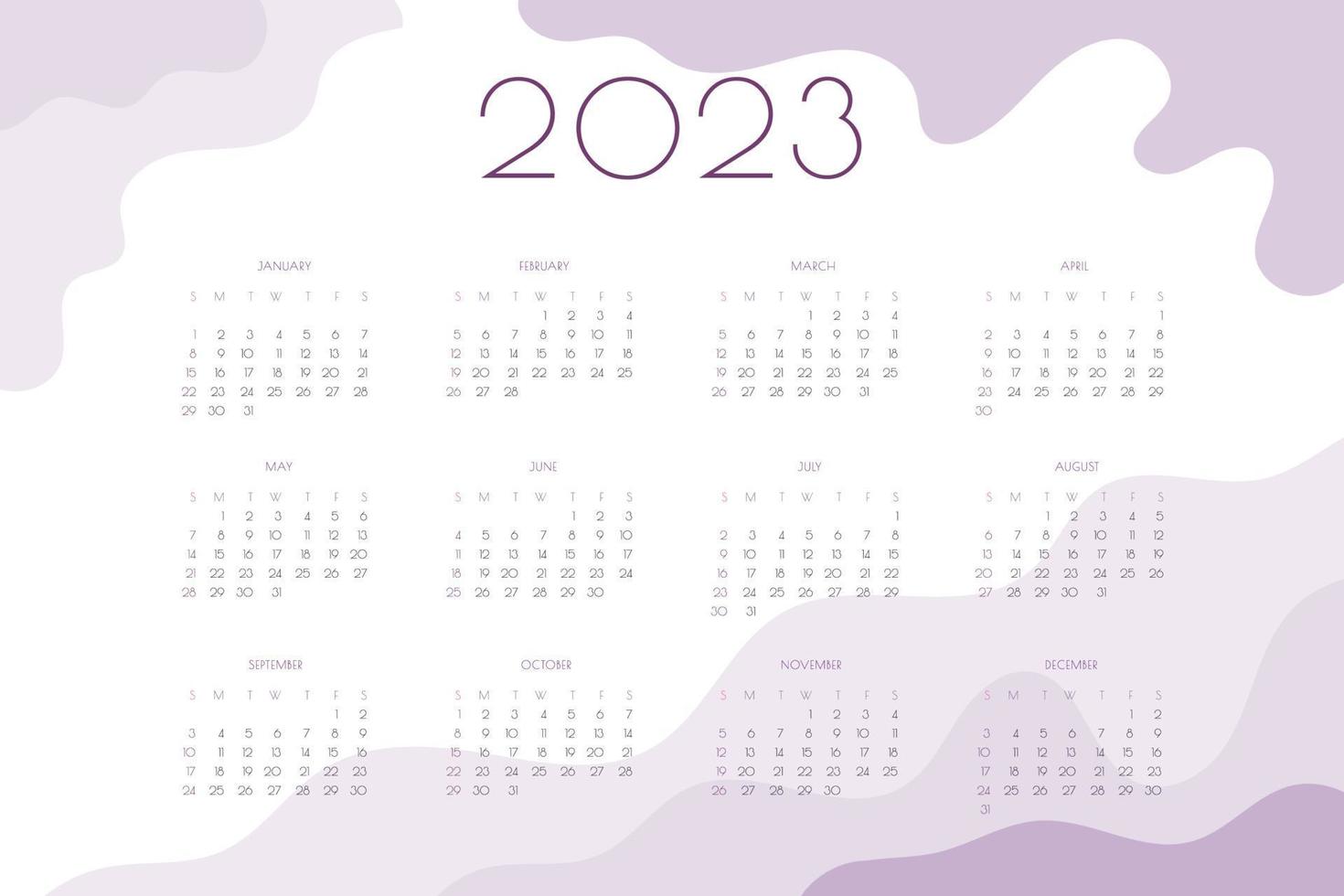 Modello orizzontale del calendario 2023 con elementi ondulati rosa e lilla. la settimana inizia di domenica vettore