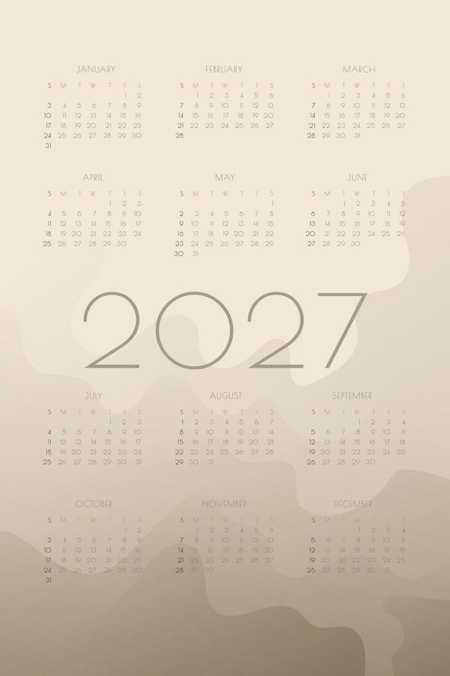 Calendario 2027 con astratto fluido sfumato verde oliva vettore