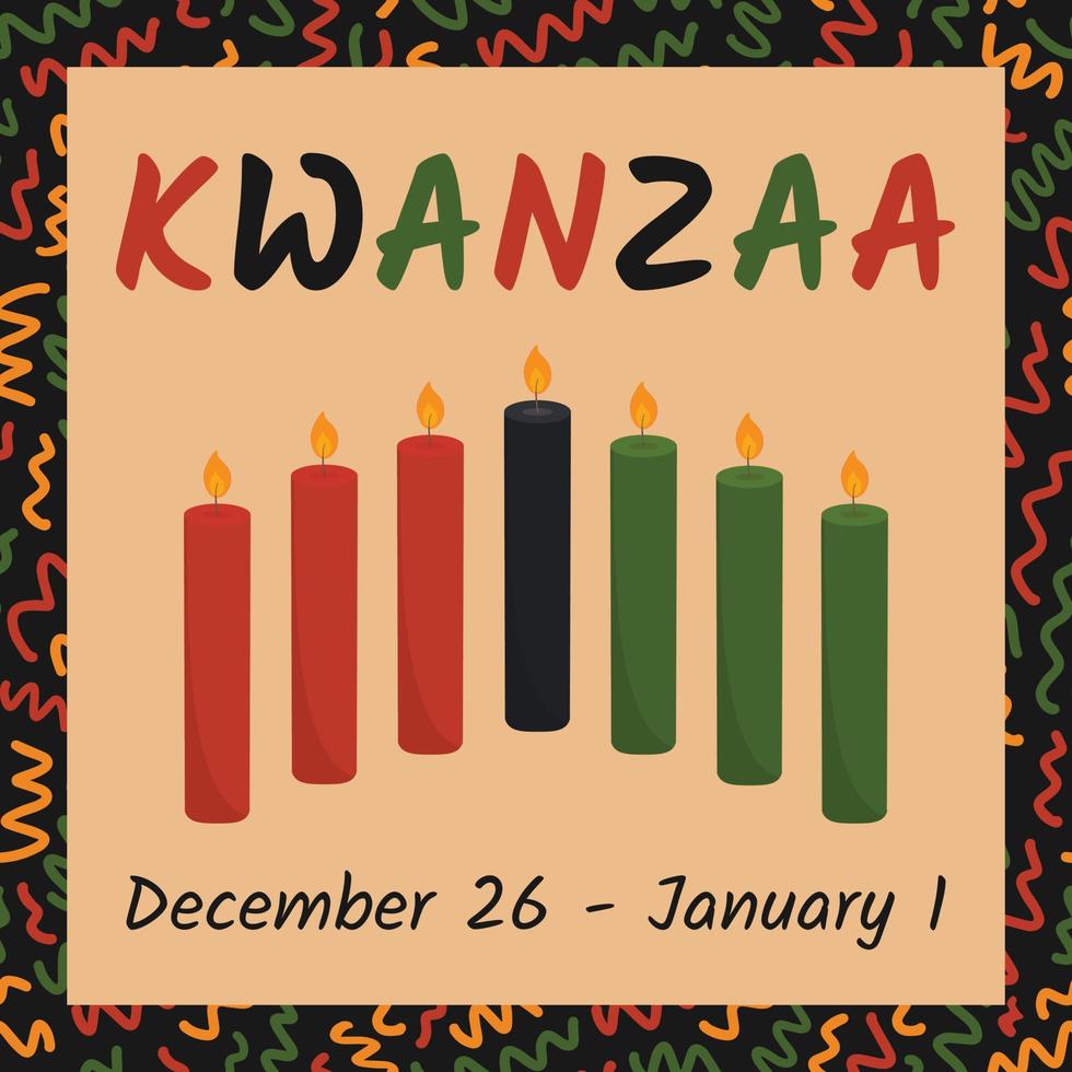 biglietto di auguri per modello di post sui social media per kwanzaa - vacanza del patrimonio afroamericano negli Stati Uniti con sette candele tradizionali con data e motivo in colori africani - rosso, giallo, verde vettore