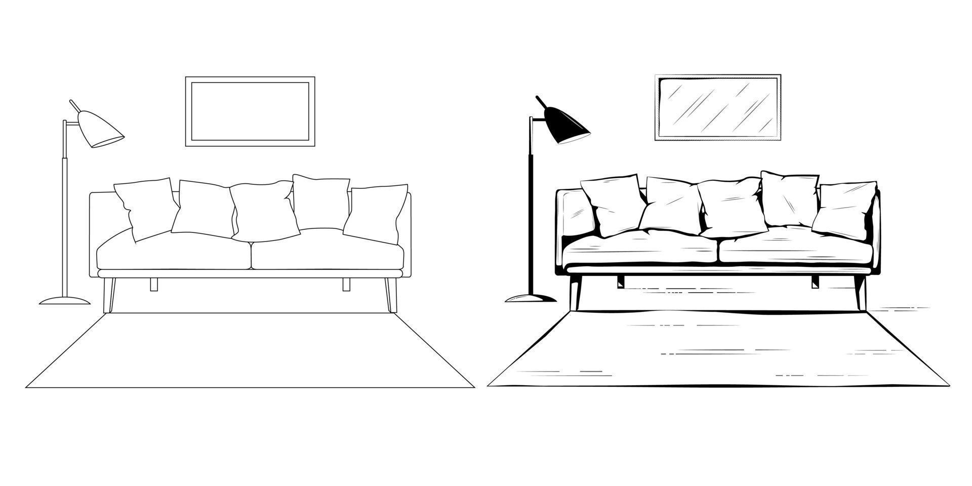 disegno interno a mano, divano con lampada da terra, due opzioni vettore