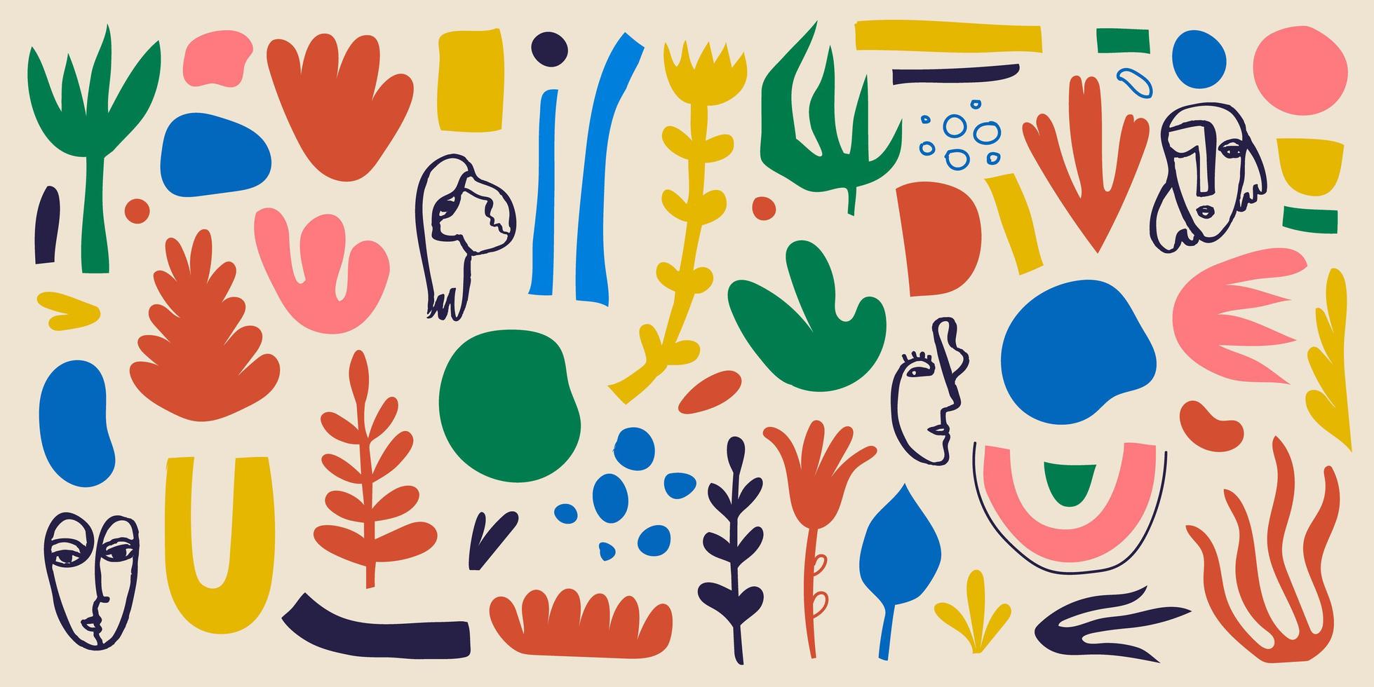 modello di collage vettoriale, sfondo. varie forme disegnate a mano e oggetti scarabocchiati, fiori, foglie, volti umani. arte astratta contemporanea moderna vettore