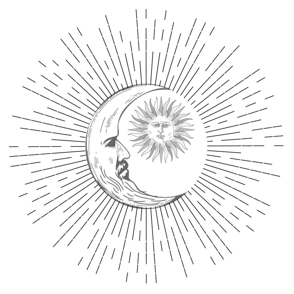luna crescente boho, disegno del tatuaggio del sole disegnato a mano vettore