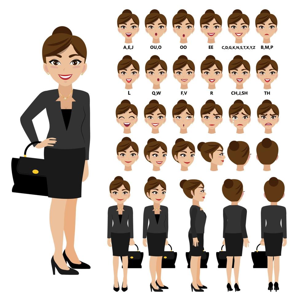 personaggio dei cartoni animati con donna d'affari in tuta per l'animazione. fronte, lato, retro, 3-4 caratteri di visualizzazione. parti separate del corpo. illustrazione vettoriale piatto.
