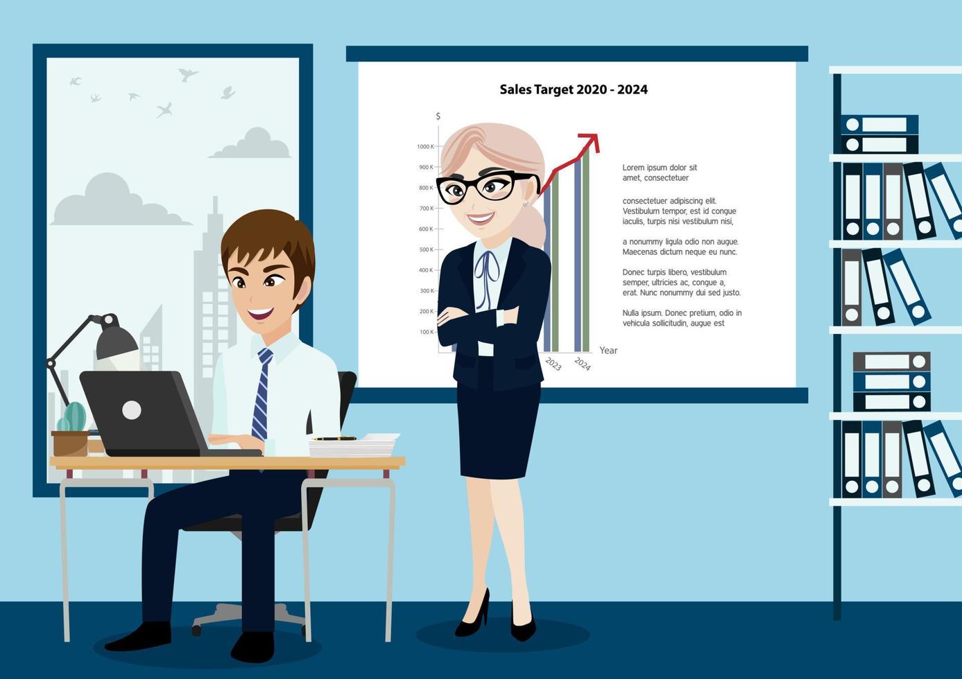 gruppo di uomini d'affari, capo e personale o lavoratori in ufficio sfondo illustrazione vettoriale in stile personaggio dei cartoni animati.