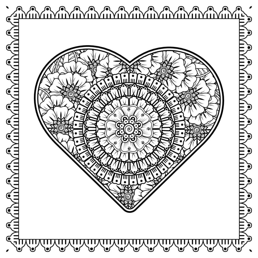 fiore mehndi con cornice a forma di cuore. decorazione in etnico orientale, ornamento scarabocchio. vettore