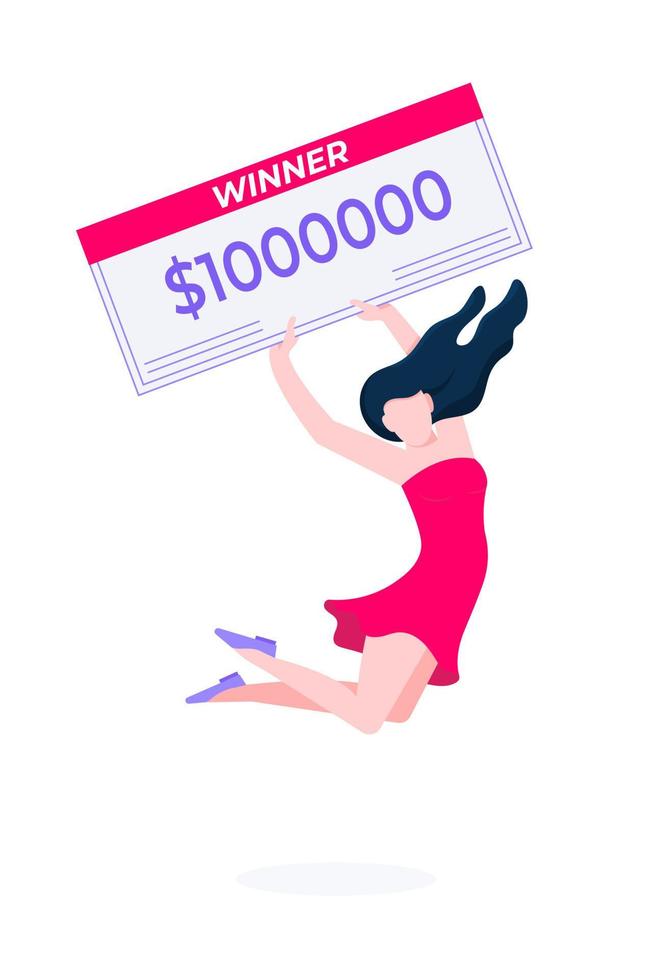donna felice - vincitore della lotteria con assegno del premio. lotteria della fortuna o giochi d'azzardo del casinò giochi fortunati vettore