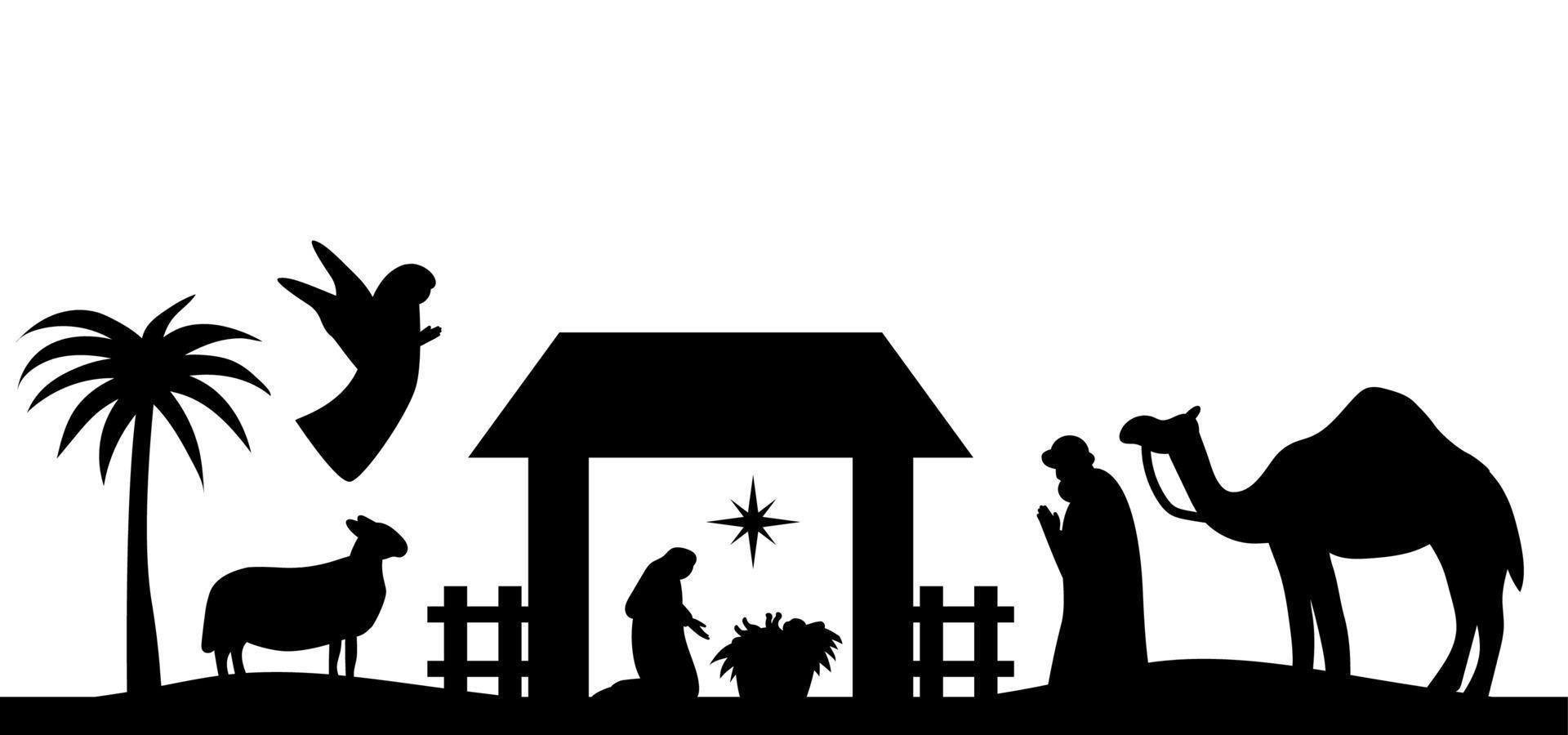 notte santa della nascita del bambino gesù cristo silhouette scena dalla religione cristianesimo presepe. storia religiosa biblica dei cattolici. tagliato per scrapbooking e stampa. illustrazione vettoriale. vettore