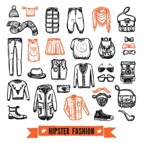 Icone di doodle di moda vestiti hipster vettore