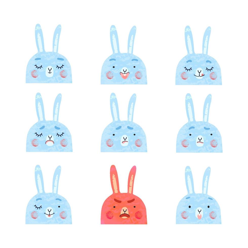 set vettoriale moderno con simpatiche illustrazioni di coniglietti con emozioni diverse. usalo come elemento per la progettazione di biglietti di auguri, poster, emote di cartoni animati di chat messenger, post sui social media, design di giochi per bambini