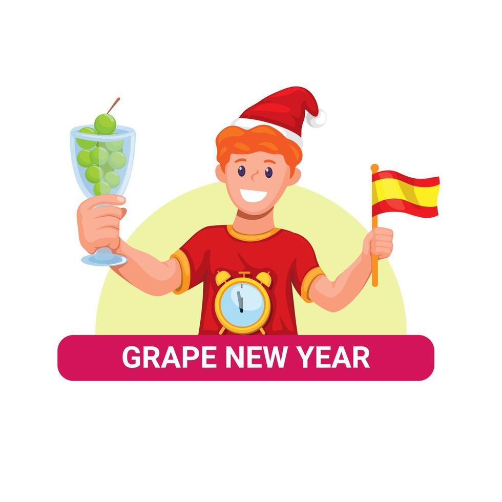 uomo che mangia 12 frutti d'uva. tradizione del nuovo anno in spagna simbolo illustrazione vettoriale
