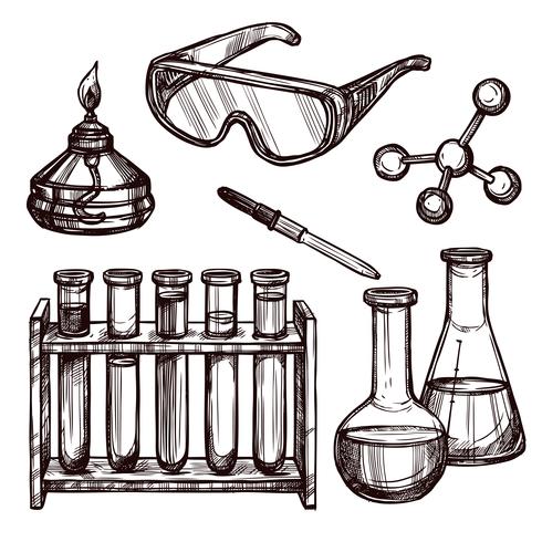 Set disegnato a mano di strumenti di chimica vettore