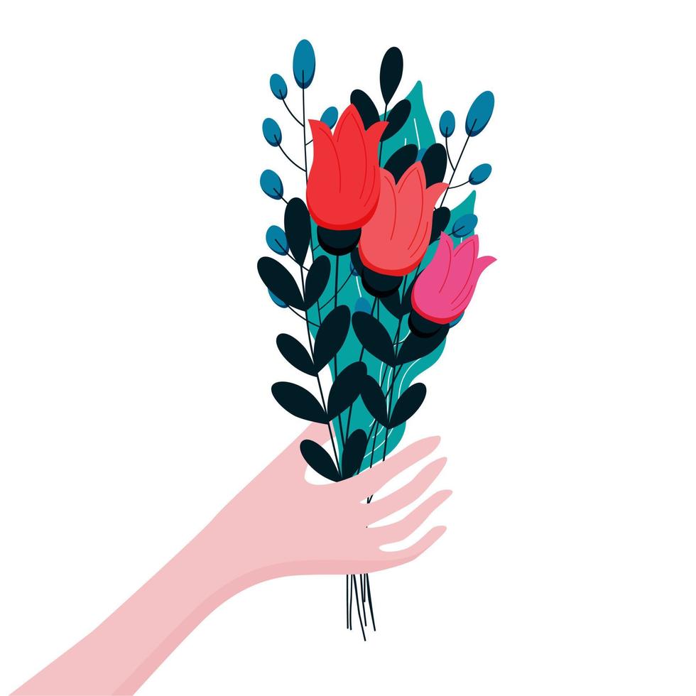 la mano umana tiene un mazzo di fiori. illustrazione vettoriale in stile piano isolato su priorità bassa bianca. la stagione del dono