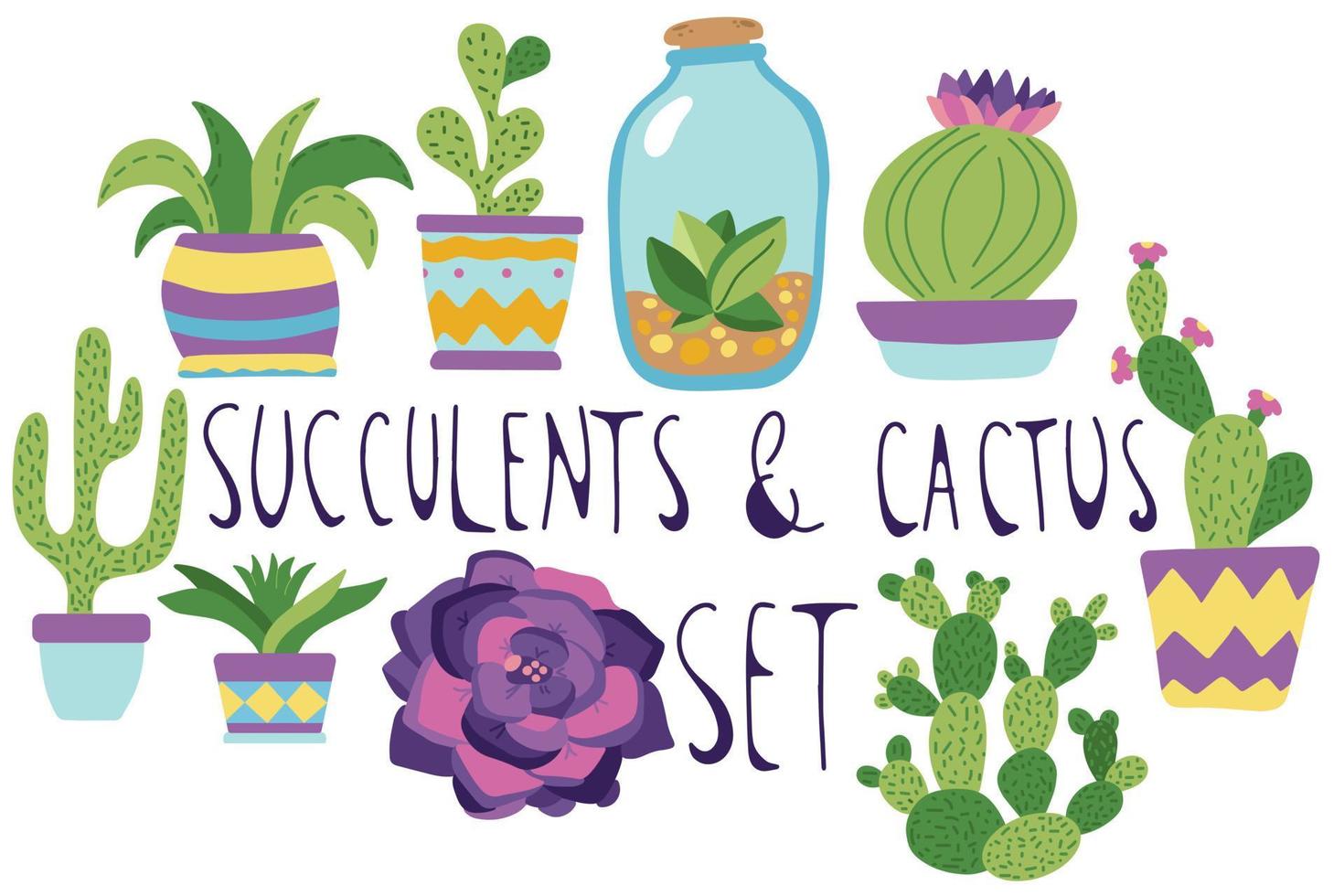 set con piante grasse e cactus in uno stile scarabocchio disegnato a mano, isolato su uno sfondo bianco. vettore