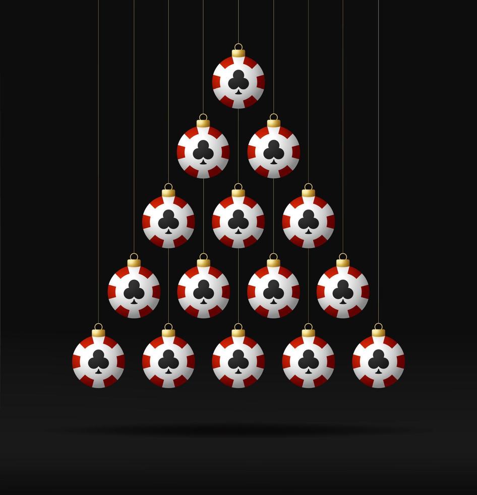 albero di natale creativo realizzato da poker chip su sfondo nero per la celebrazione di natale e capodanno. albero di gingillo di chip del casinò biglietto di auguri di Natale e Capodanno. vettore