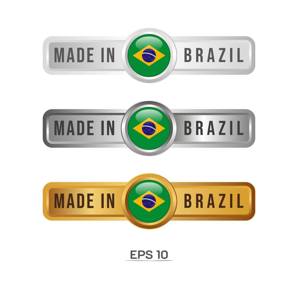made in brasile etichetta, timbro, distintivo o logo. con la bandiera nazionale del Brasile. sui colori platino, oro e argento. emblema premium e di lusso vettore