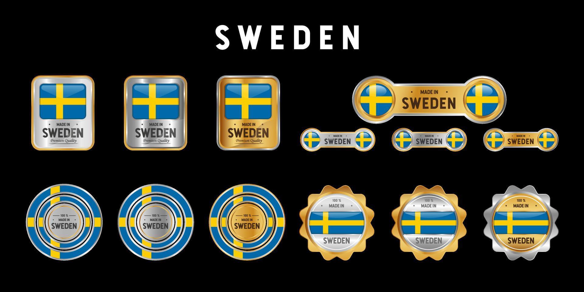 realizzato in Svezia etichetta, timbro, distintivo o logo. con la bandiera nazionale della Svezia. sui colori platino, oro e argento. emblema premium e di lusso vettore