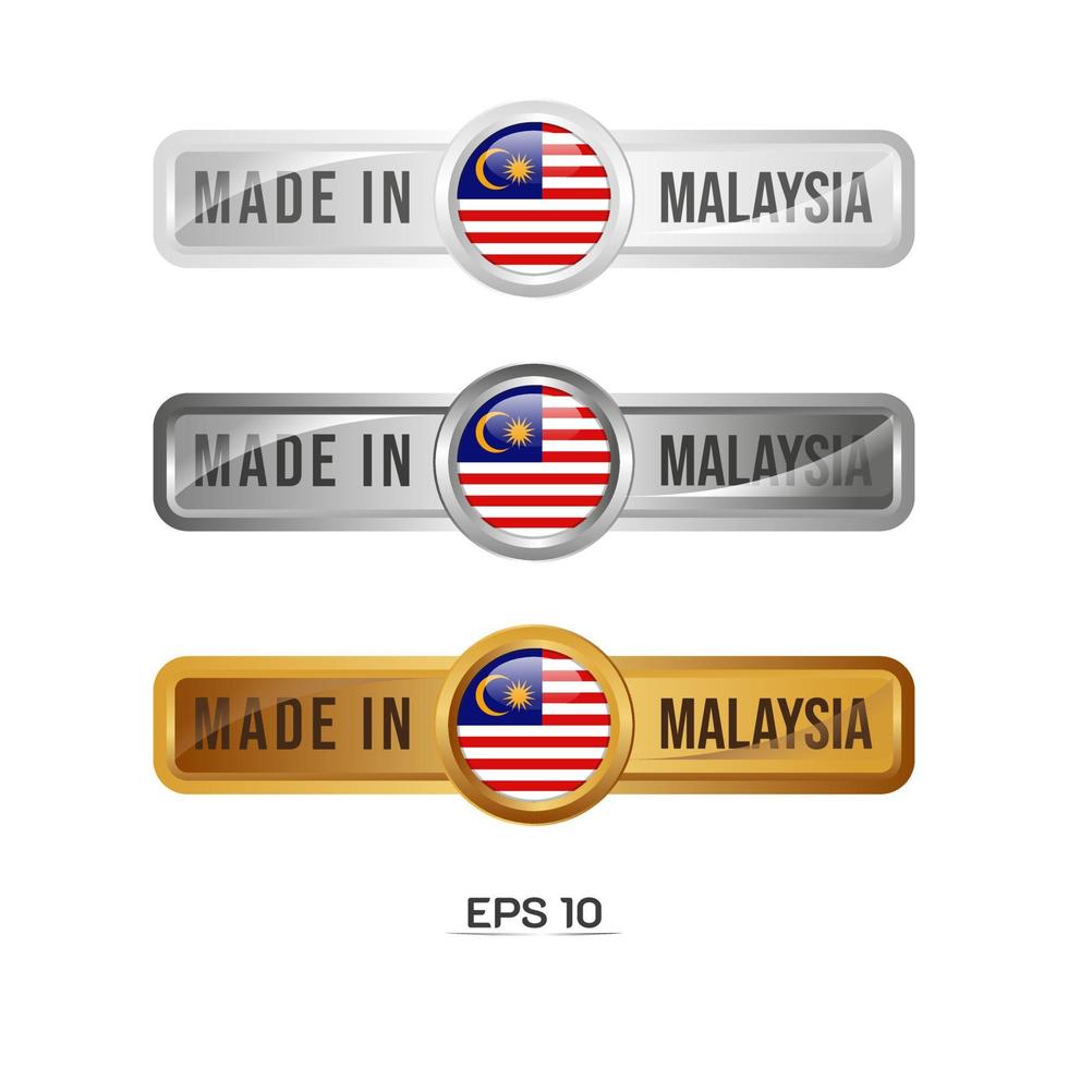 fatto in malesia etichetta, timbro, distintivo o logo. con la bandiera nazionale della Malesia. sui colori platino, oro e argento. emblema premium e di lusso vettore