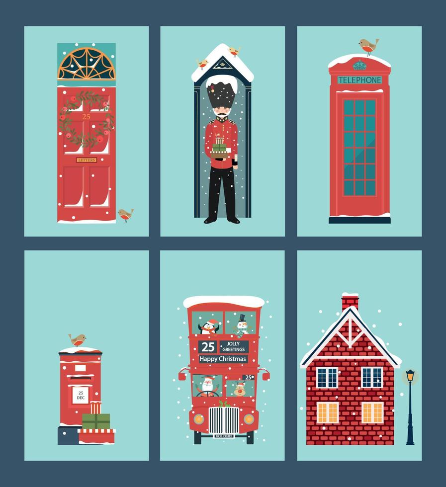 set natalizio britannico con telefono per porta bus cottage vettore