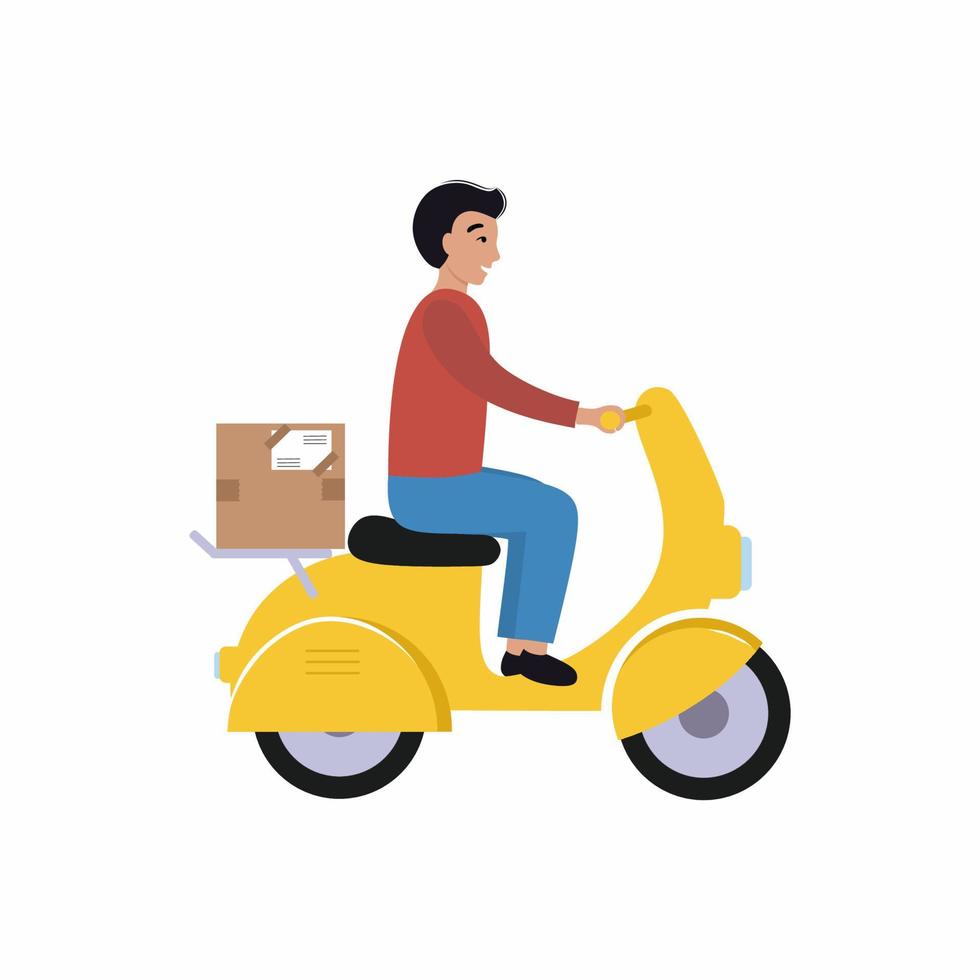 corriere un uomo in moto porta un pacco a un cliente. consegna espressa di posta, ordini e merci. carattere piatto vettoriale. vettore