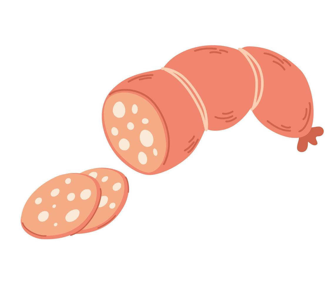 salsiccia. cibo. fetta di ingrediente, salame di cottura. prodotto a base di carne per un negozio di alimentari su sfondo bianco. illustrazione del fumetto di tiraggio della mano di vettore. vettore