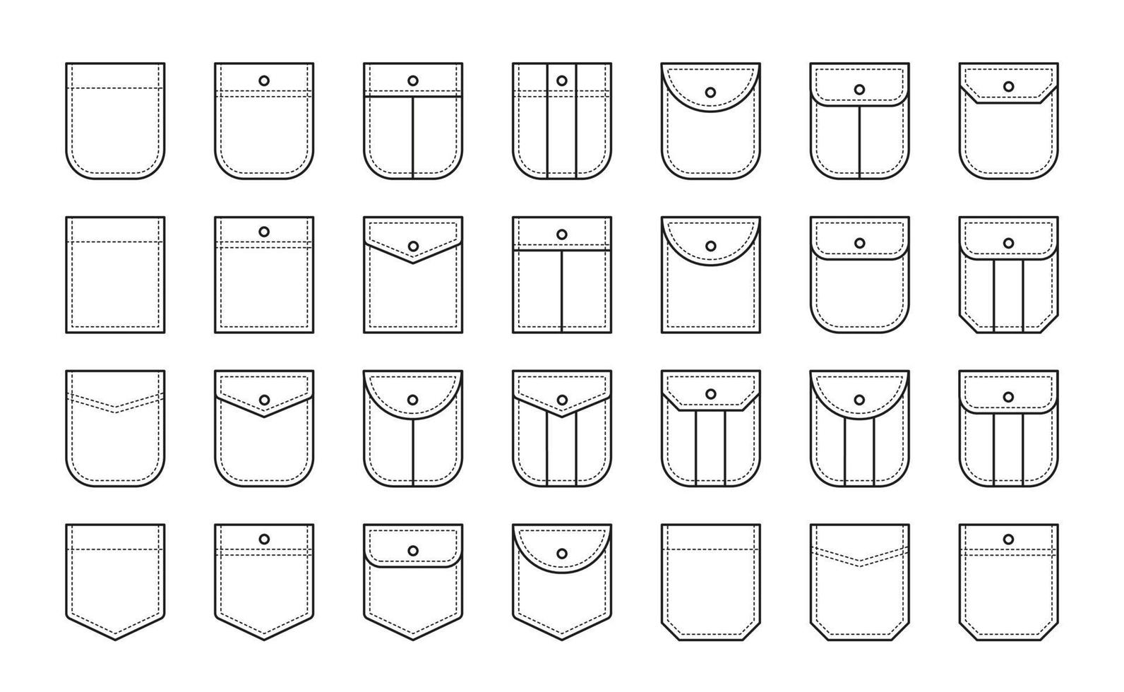 set di icone tasca applicata per camicie e altri indumenti. illustrazione vettoriale di linea isolata