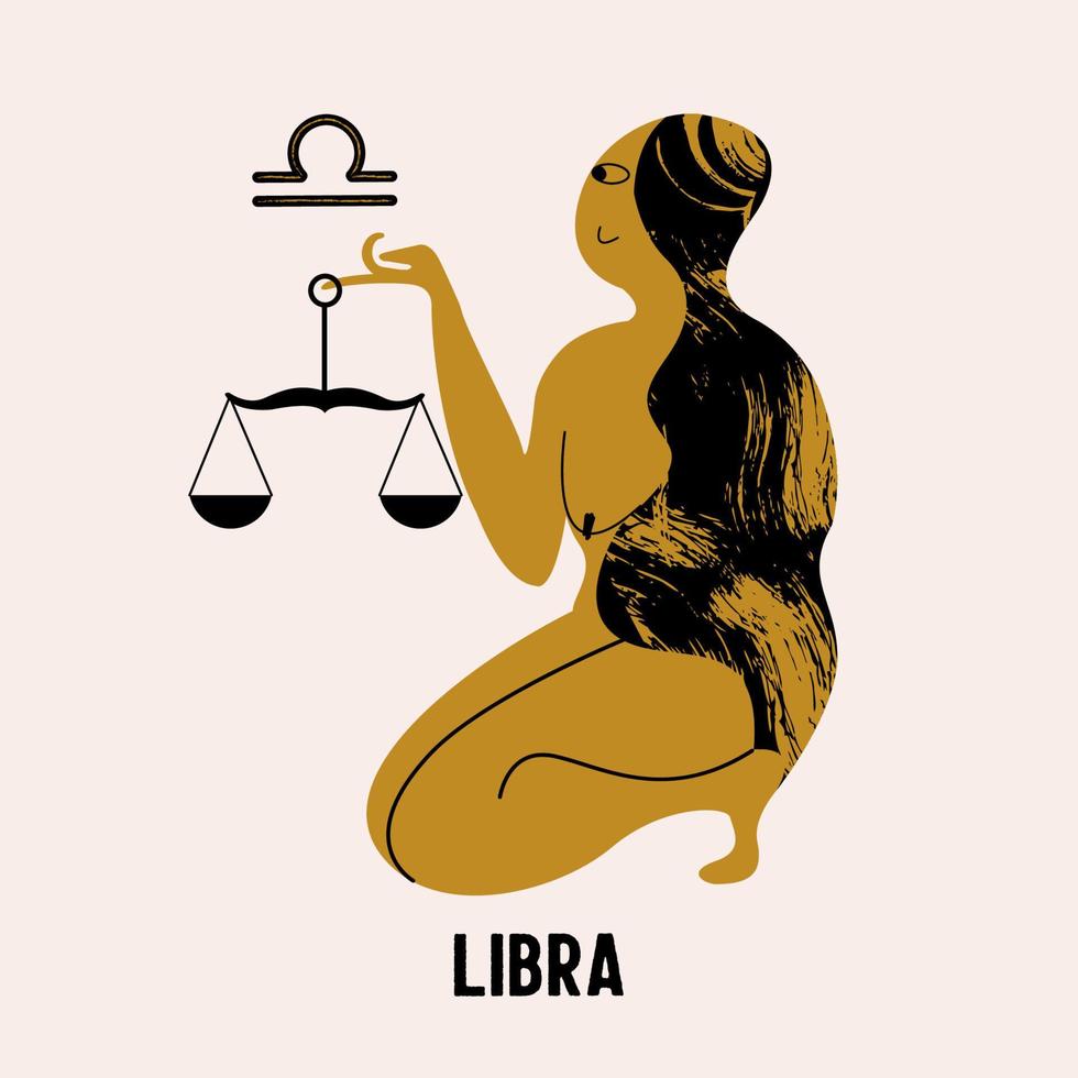 Libra. una donna nuda tiene in mano una bilancia. illustrazione vettoriale. vettore