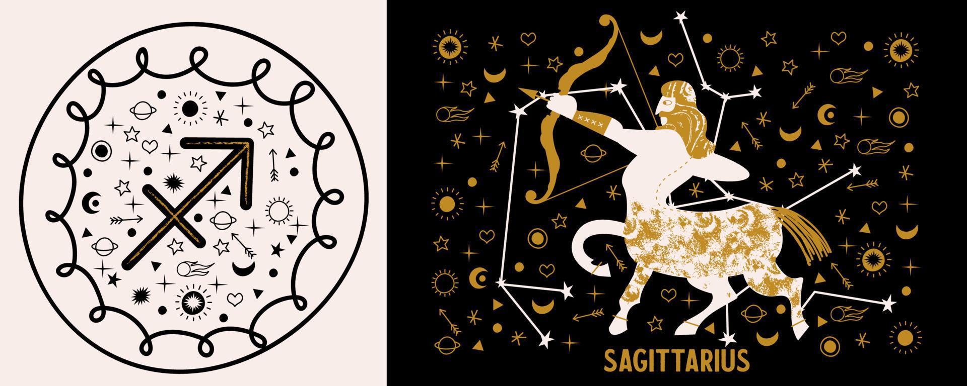 Sagittario. segno zodiacale. centauro tira un arco tra le stelle. illustrazione vettoriale su sfondo nero.