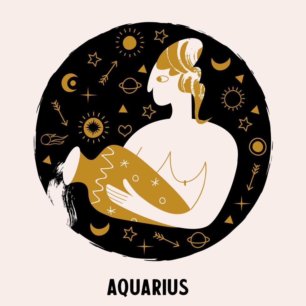 oroscopo e astrologia. il segno zodiacale acquario. nero e oro. illustrazione vettoriale in uno stile piatto.