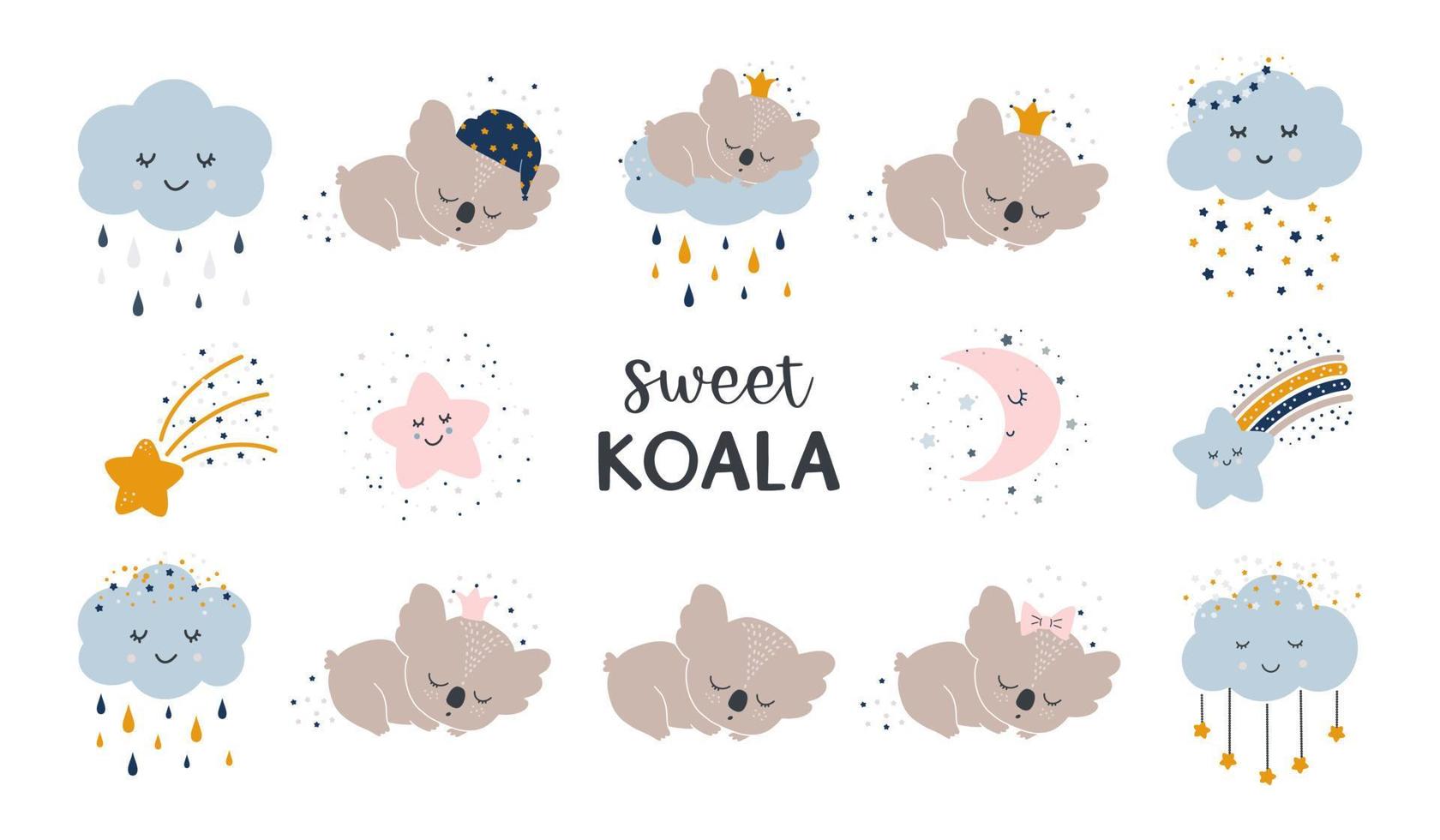 set vettoriale per bambini con simpatici animali addormentati. koala, stelle, nuvole con gocce e la luna. vettore animale divertente stampabile per bambini s. stampe creative per bambini su tessuti carte da parati tessili.