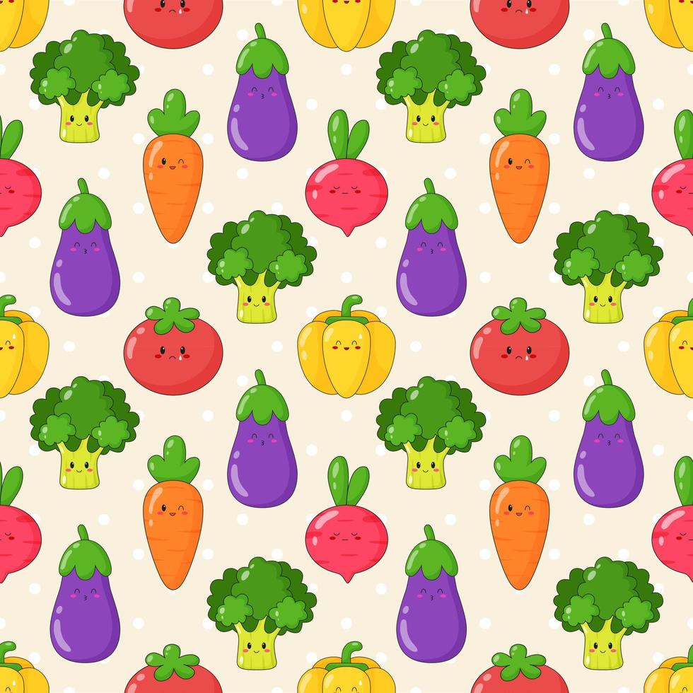 modello senza cuciture di simpatiche verdure kawaii. sfondo di emoji vegetali dei cartoni animati. illustrazione vettoriale piatto.