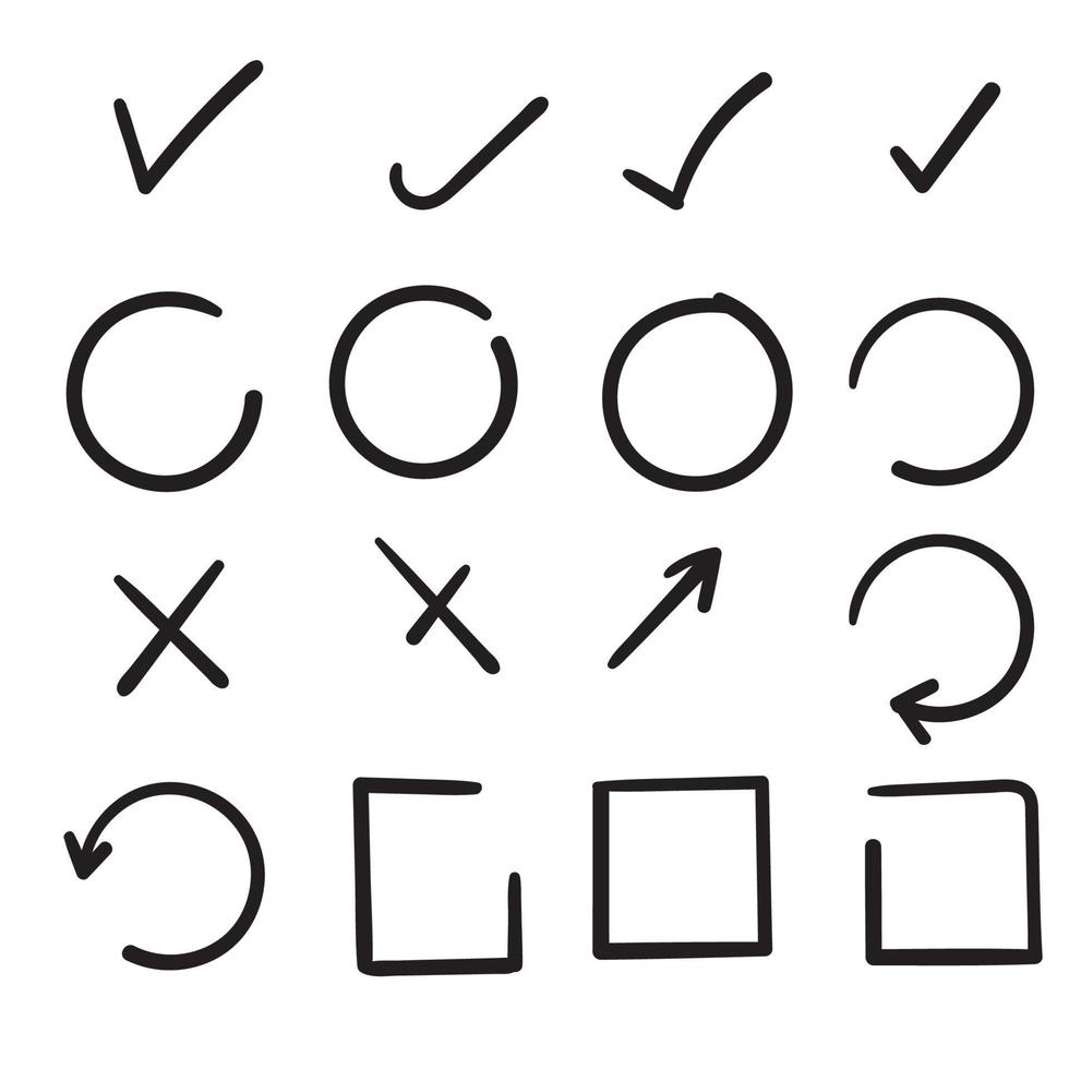 scarabocchiare segni di controllo disegnati a mano. doodle v mark per gli elementi dell'elenco, casella di controllo icone gesso e segni di spunta schizzo. set di icone di segni di elenco di controllo vettoriale