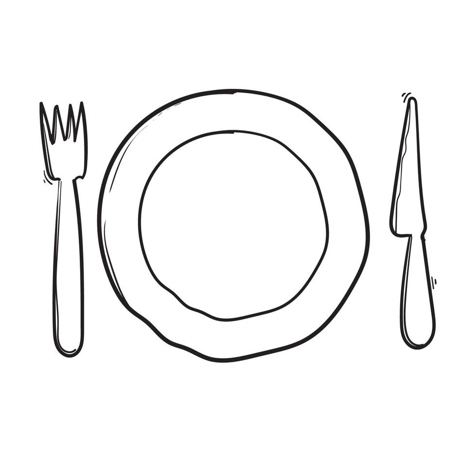 disegno di piatto, coltello e forchetta disegnati a mano in stile scarabocchio vettore
