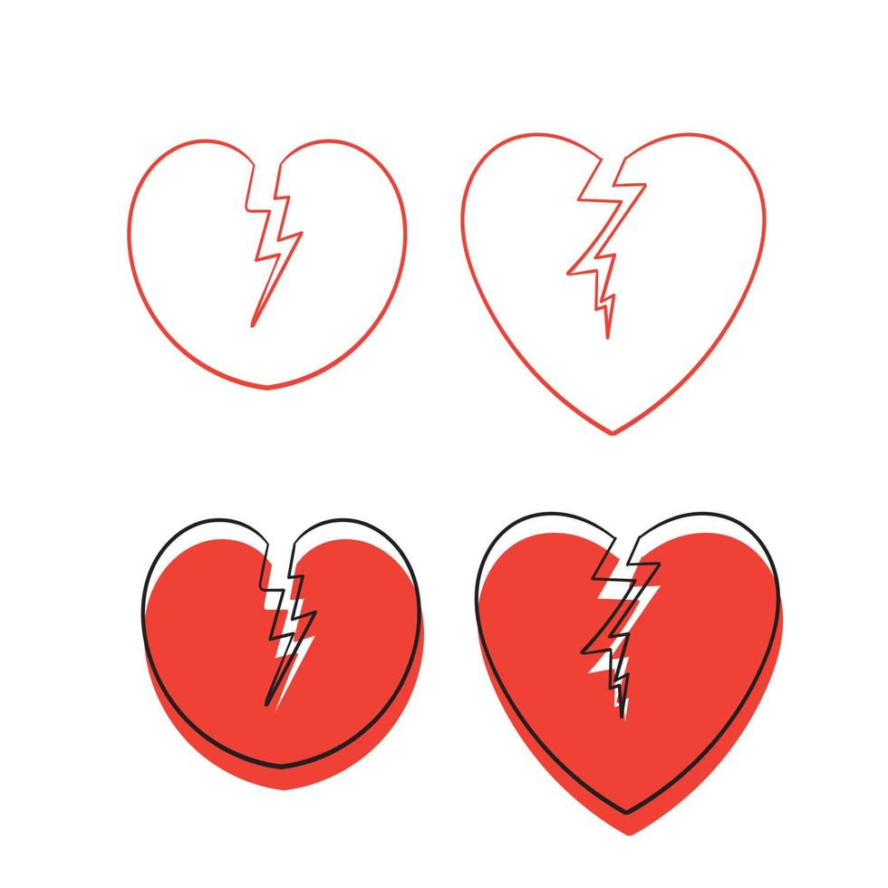 icona disegnata a mano di un cuore spezzato rosso. con illustrazione vettoriale stile doodle.