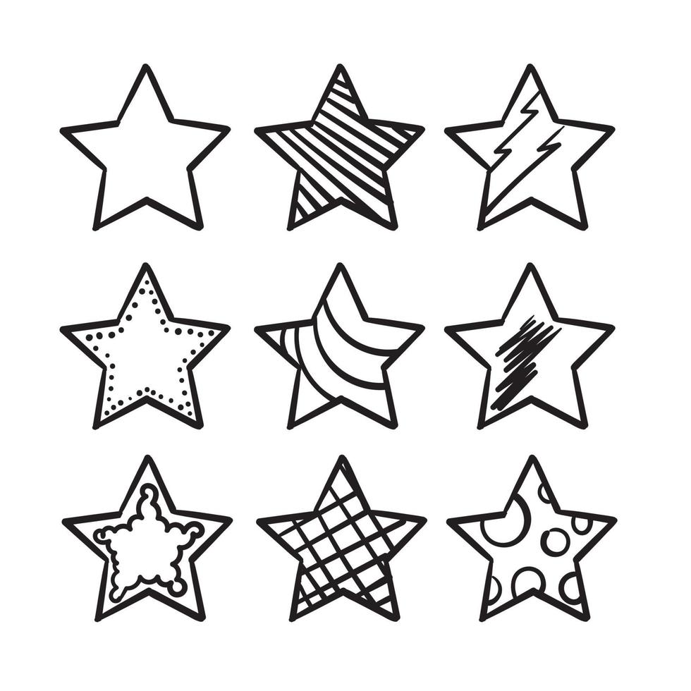 raccolta di illustrazione di stelle di doodle disegnato a mano con stile di arte di linea del fumetto isolato su sfondo bianco vettore
