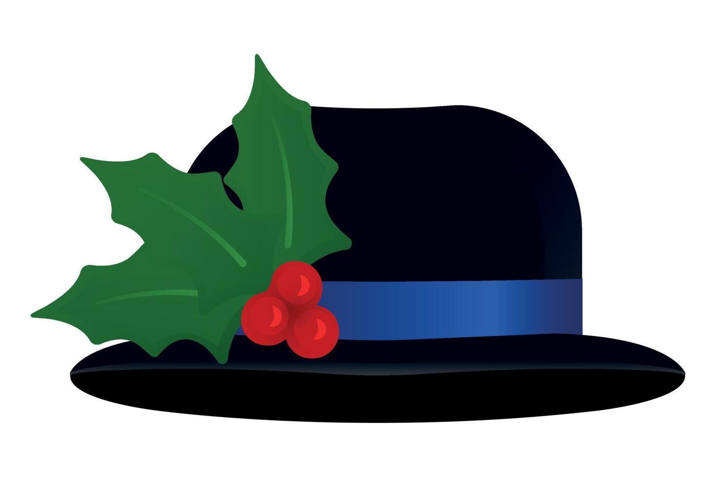 cappello nero con decorazioni natalizie bacche di agrifoglio isolato su sfondo bianco. cappello da pupazzo di neve. illustrazione vettoriale piatta