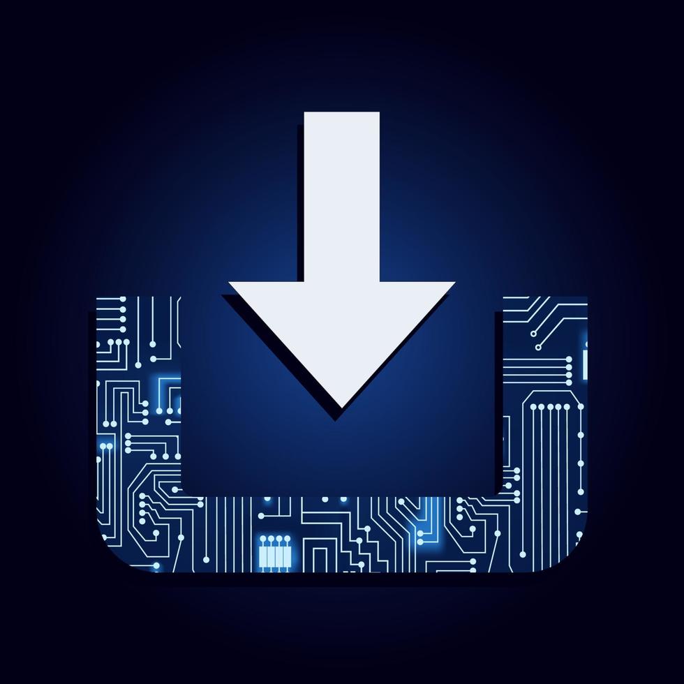 Scarica icona con circuito elettronico. sfondo blu e sfumato. freccia rivolta verso il basso che rappresenta il download dei dati. vettore