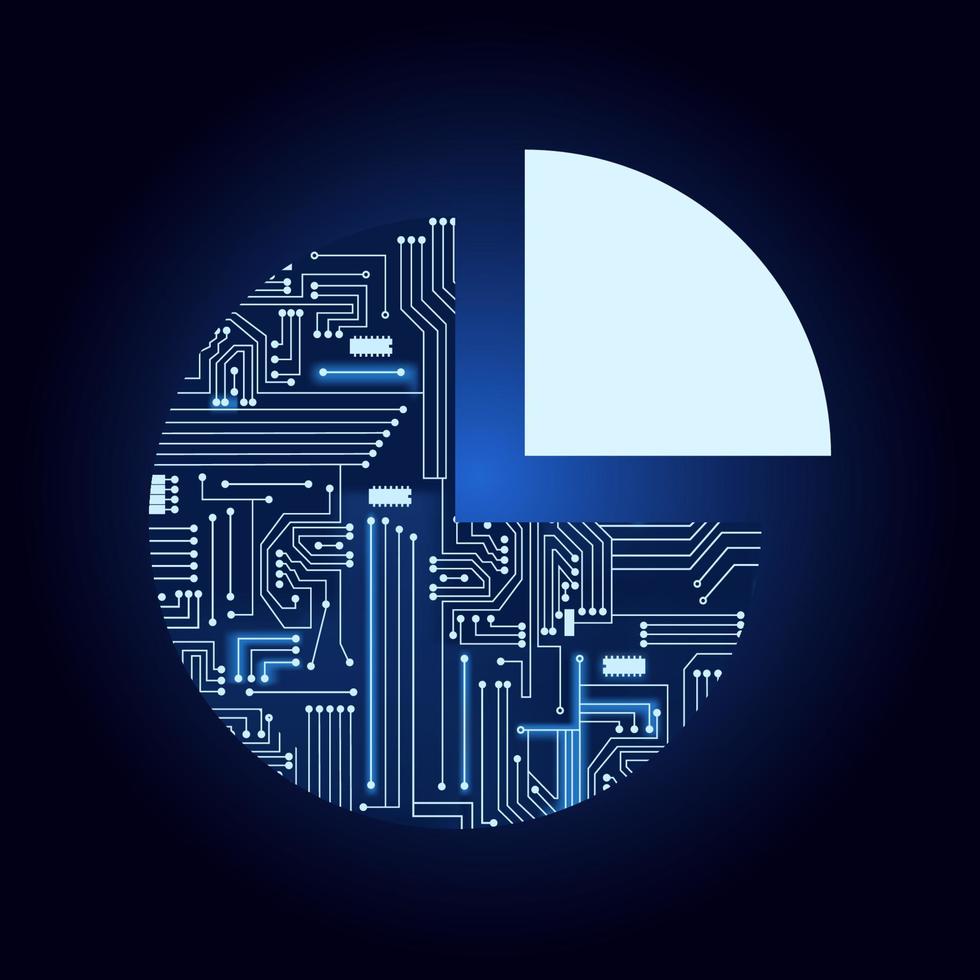 grafico a torta con circuito elettronico. sfondo blu e sfumato. vettore