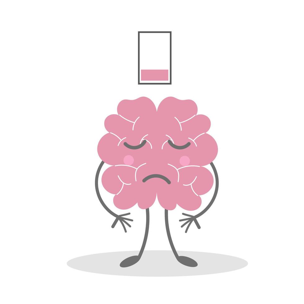 simpatico cervello triste in stress con batteria scarica, il personaggio è depresso, illustrazione vettoriale piatta isolata su sfondo bianco.