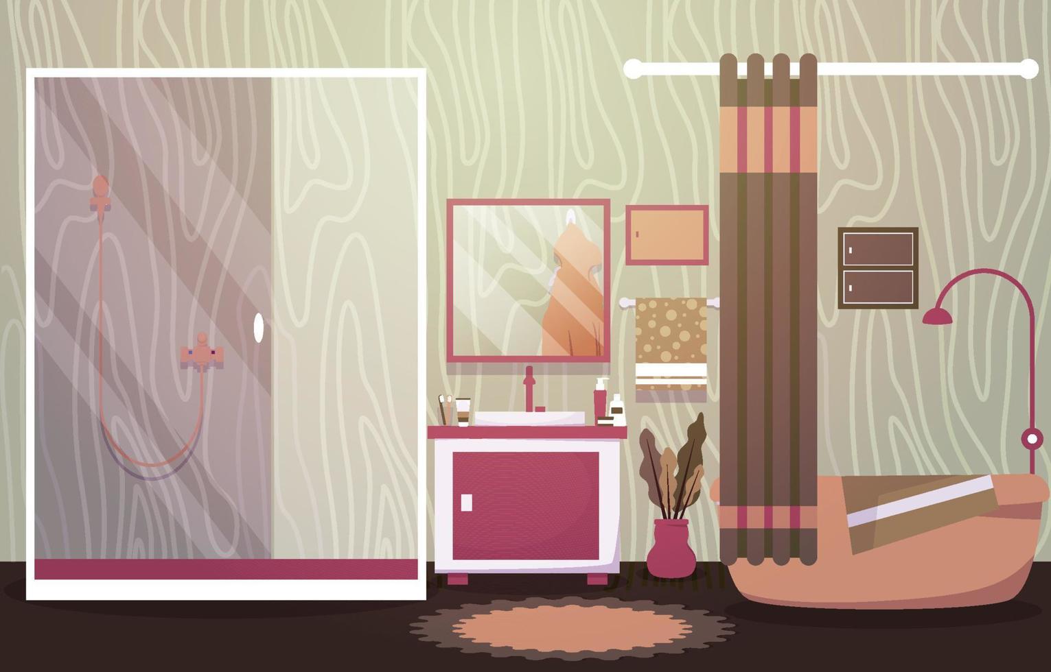 illustrazione piana della mobilia della vasca da bagno dello specchio di interior design del bagno pulito vettore
