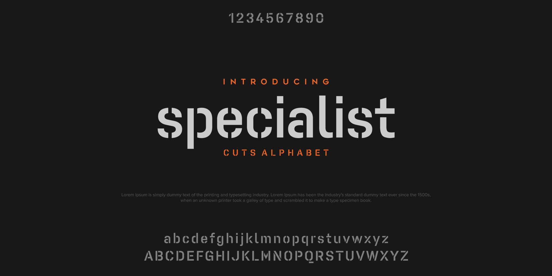 caratteri alfabetici moderni minimal astratti specializzati. illustrazione vettoriale di tecnologia tipografica