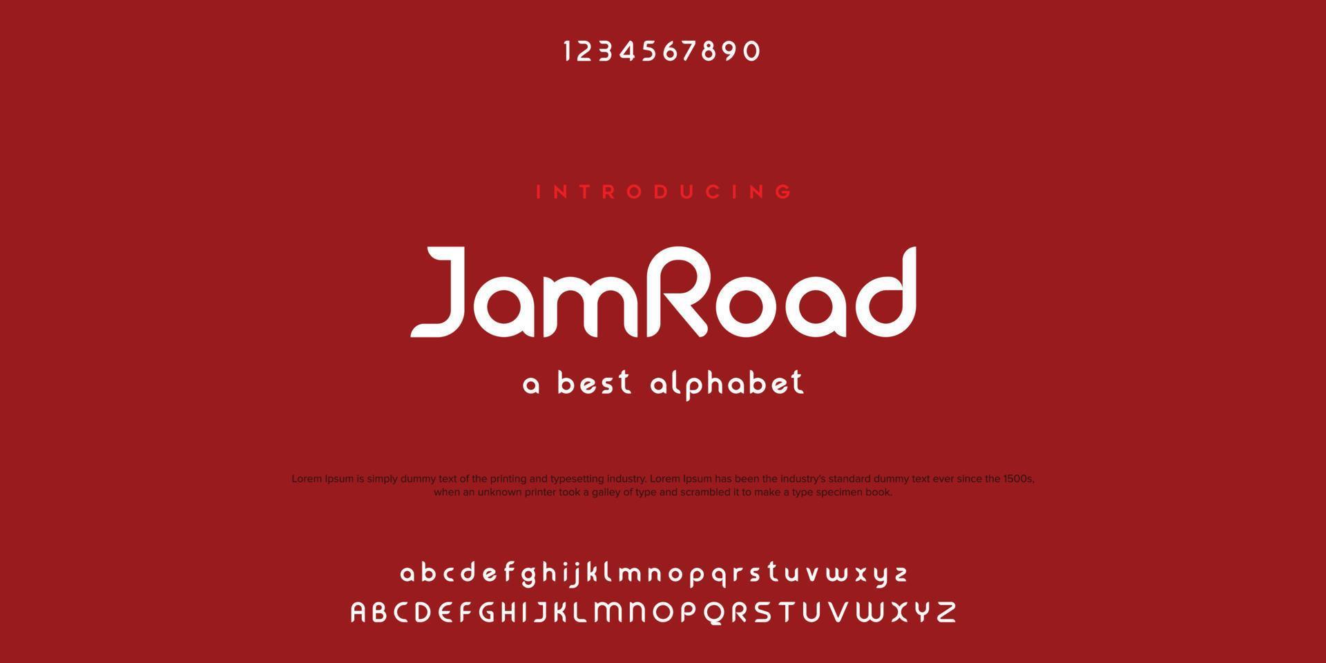 jamroad caratteri alfabetici astratti minimali moderni. tecnologia tipografica, elettronica, film, digitale, musica, futuro, carattere creativo del logo. illustrazione vettoriale