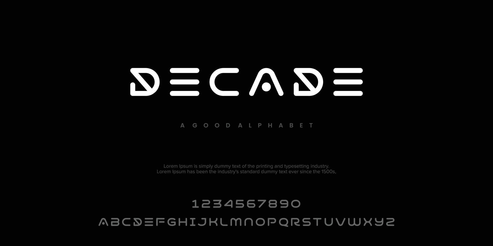 decennio sport moderno futuro grassetto carattere alfabeto. tipografia caratteri in stile urbano per tecnologia, digitale, logo del film in stile audace. illustrazione vettoriale