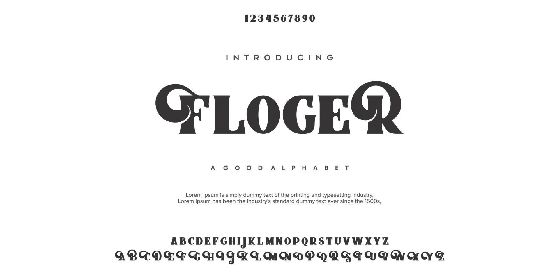 gloger alfabeto di carattere astratto moda. font urbani moderni minimali per logo, marchio ecc. tipografia maiuscolo minuscolo e numero. illustrazione vettoriale